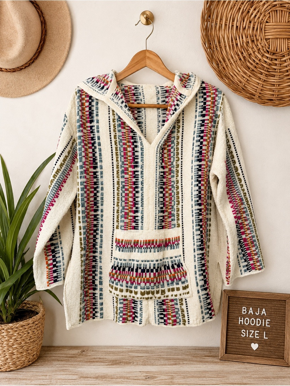💕Boho Baja Hoodie Pullover Size Large | Woven Mexican Style Hooded Sweatshirt